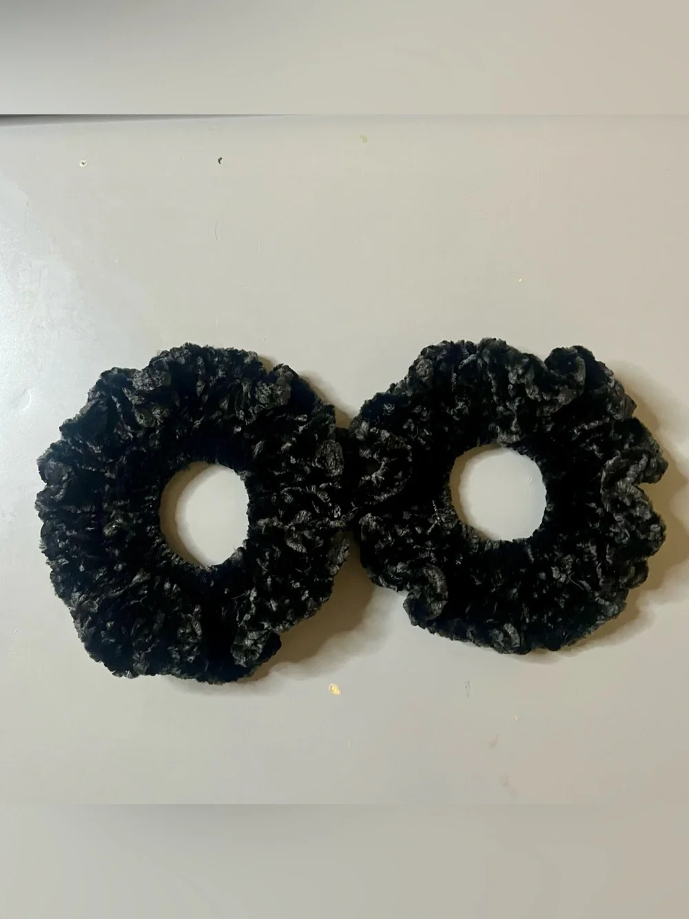 Set of 2 Black Velvet Crochet Scrunchies Handmade NWT Chenille Hair Ties